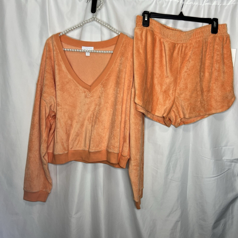 Beyond Yoga Tropez Pullover Sweatshirt & Shorts Set Terry Cloth Casual Sz L